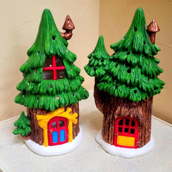 2 Ceramic Green Christmas Tree Houses Doors Windows Chimney You can add tealight - Picture 1 of 8